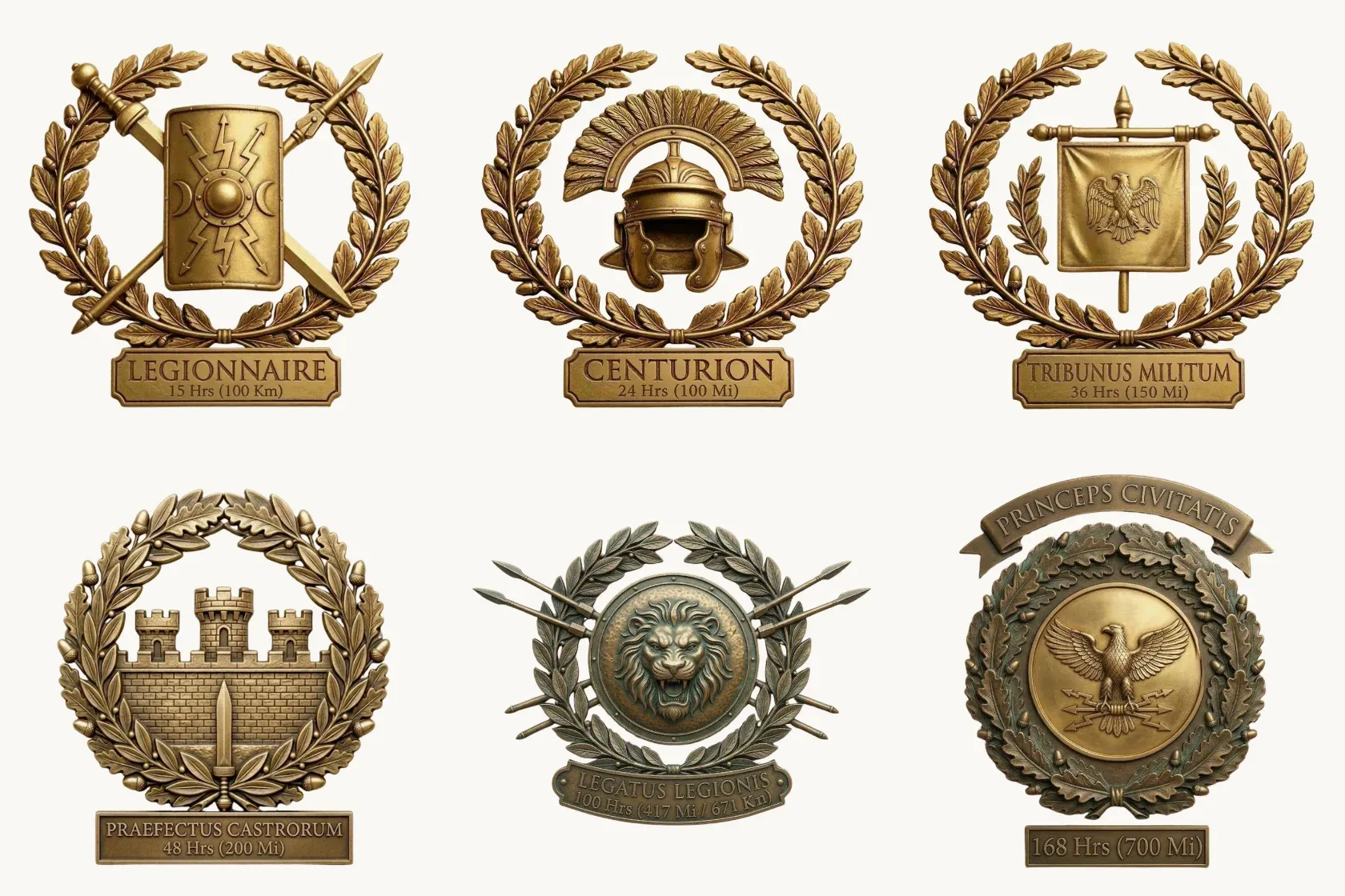 Six Backyard Legacy emblems: Legionnaire, Centurion, Tribunus Militum, Praefectus Castrorum, Legatus Legionis and Princeps Civitatis