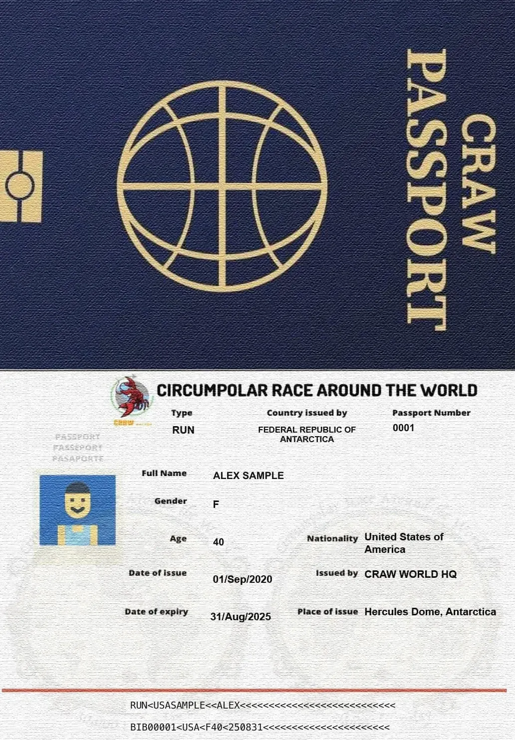 A CRAW passport: a navy cover with a gold globe, and a data page issued by CRAW World HQ at Hercules Dome, Antarctica